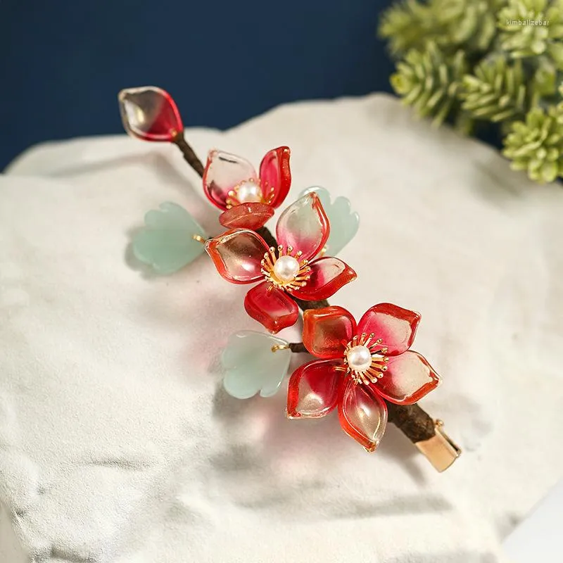 Hårklämmor Forseven Red Flower Crystal Simulated Pearls Hairn Pins Women Girl Ancient Chinese Hanfu Dress Dekorativa smycken