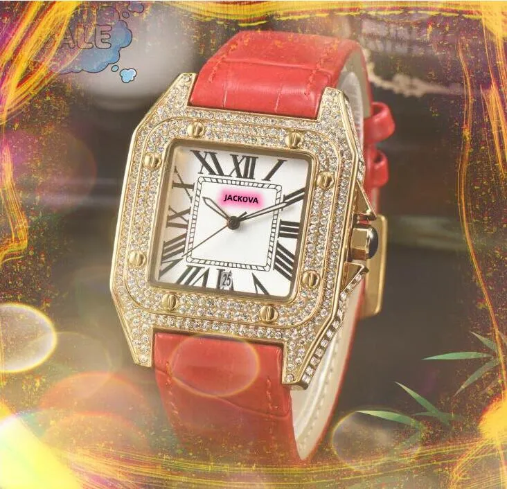 Square Roman Tank Dial Män Kvinnor Titta på äkta läder Ice-Out Bling Hip Hop Lovers Janpan Quartz Movement Full Diamonds Ring Case Business Watches Gifts