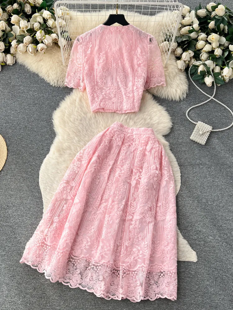 Korean Fragrance Style Lace two piece dress Set with Hook and Flower Detailing - Short Sleeve Shirt and Midi Skirt - Perfect Summer Outfit for Women ( Korean Fragrance Style Lace two piece dress Set with Hook and Flower Detailing - Short Sleeve Shirt and Midi Skirt - Perfect Summer Outfit for Women (