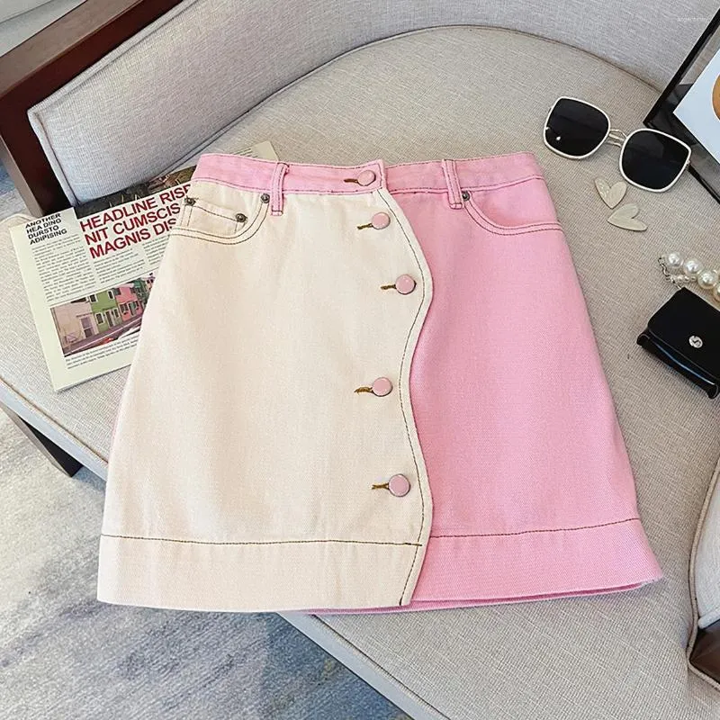 Skirts Pink White Denim Women Buttons Designer Shorts Skirt Bodycotn Pockets Patchwork Mini Streetwear Ofifce Lady Sweet