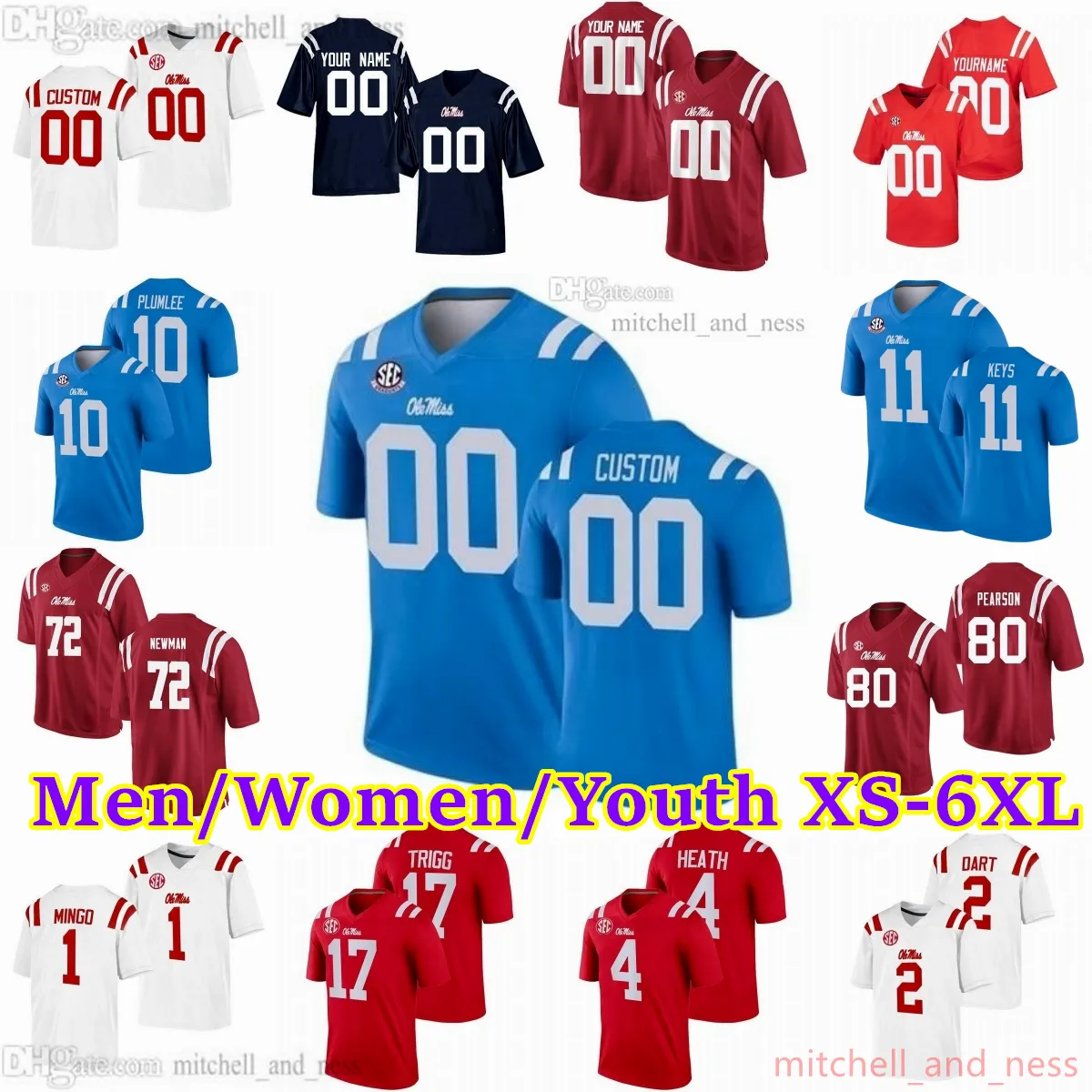 2023-24 Custom S-6XL NCAA Ole Miss Rebels Football Jersey 10 John Rhys 18 Archie Manning 1 A.J. Brown 7 Sam Williams 72 Royce Newman 1 Jonathan Mingo 11 Dontario Drummond