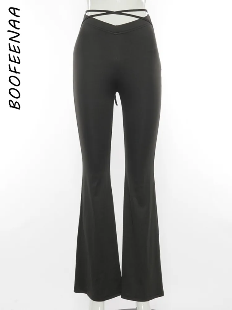 BOOFEENAA Cyber Y2K Flare Pants For Women Sexy Strechy Lace Up V Waist Low  Rise Harajuku Black Split Front Trousers Style C85 BB28 From Mang02, $11.93