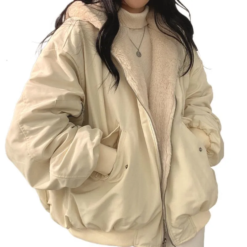 Jaquetas femininas inverno cashmere espessamento casaco curto com capuz em ambos os lados lã de cordeiro casaco de algodão algodão feminino desgaste chaquetas y2k trf 230831
