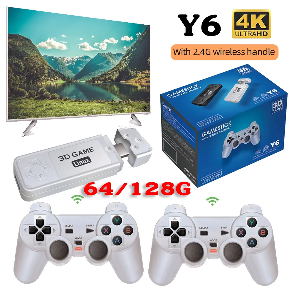 Contrôleurs de jeu Joysticks Y6 4K Console vidéo rétro 64128G 10000 HD 24G Contrôleur sans fil Emuelec43 Plusieurs langues 3D Stick 230830