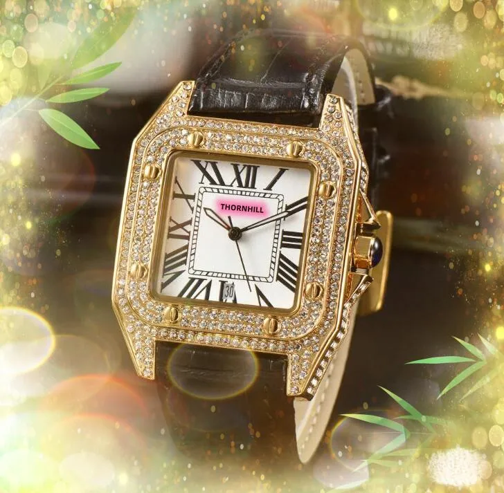 Amanti donna uomo Orologi cassa con anello di diamanti orologio con cintura in pelle Fashion Luxury quadrato quadrante con serbatoio romano Movimento al quarzo Bracciale a catena Orologio Orologio di lusso Regali