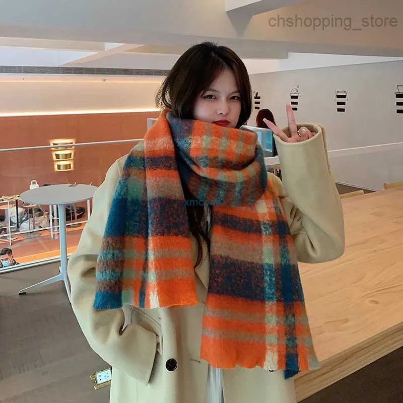 Scarves New Ac Plaid Scarf Imitation Cashmere Fashion Wear Korean Version Women Autumn and Winter Temperament Rainbow Shawl
