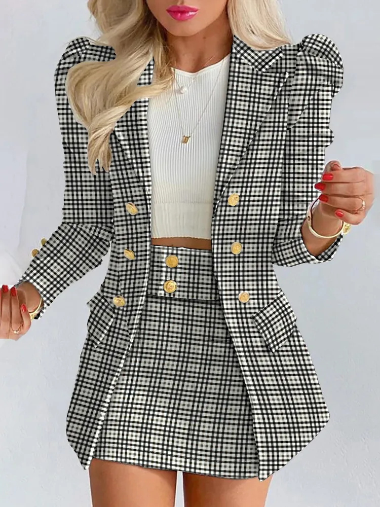 Two Piece Dress Spring Set for Women Long Sleeve Plaid Print Jacket with Mini Skirt Twopiece Suit Femme Blazer Coat and 230830
