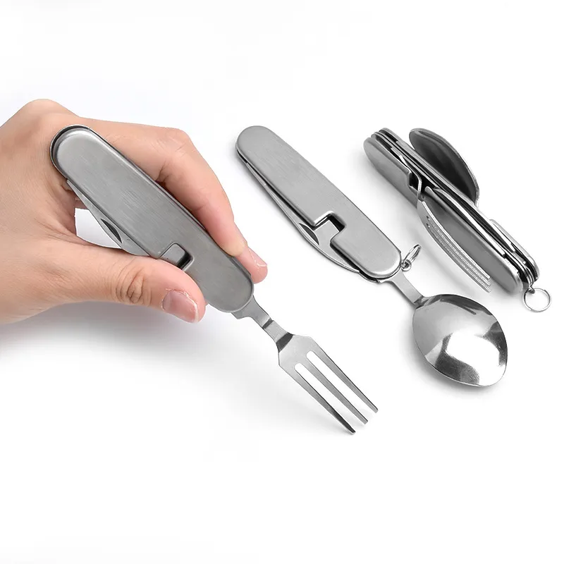 Silver 4 In 1 Camping Cutlery Set With Knife, Fork, Spoon, Lid Openers