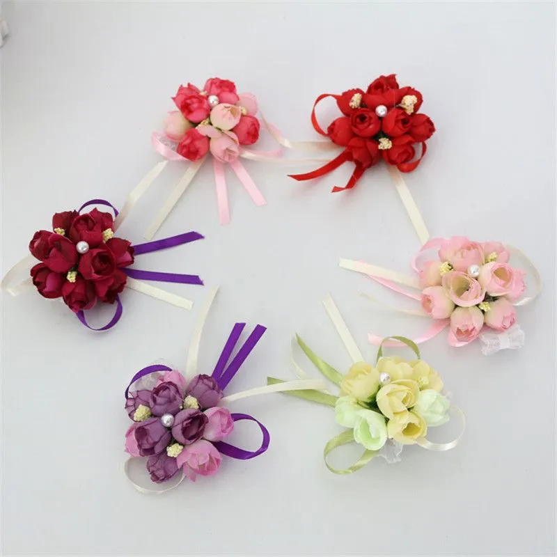 Bride Wrist Flower Corsage Bridesmaid Sister Hand Flowers Wedding Ball Artificial Silk Flower Bracelet New Arrival