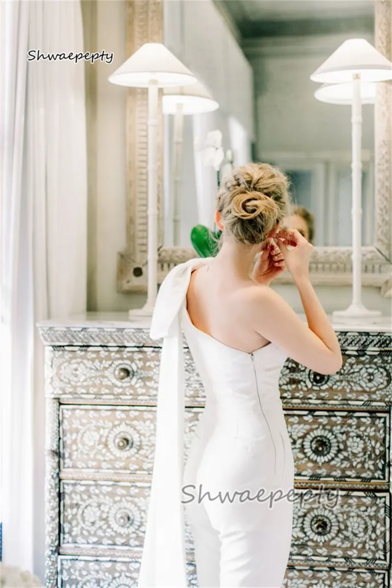 Chic One Shoulder Jumpsuit with Detachable Bow - Elegant Satin Jumpsuit Wedding Dress for Women
