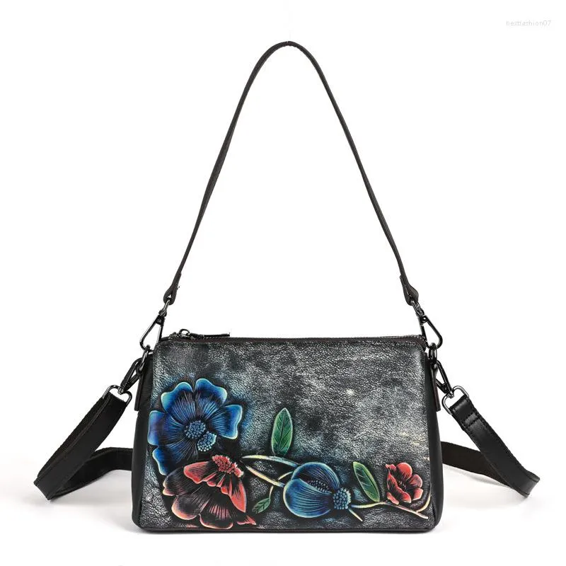 Avondtassen Bloemen Dames Echt Lederen Schoudertas Vintage Vrouwelijke Koe Handtas Mode Smalll Dames Crossbody