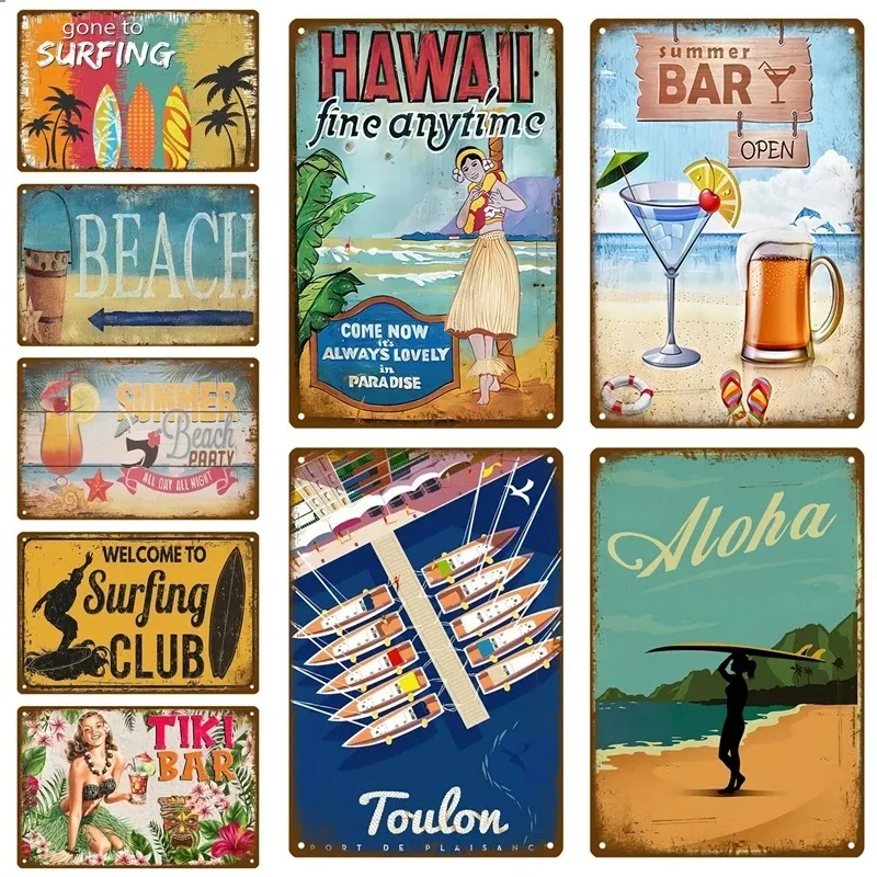 Hawaii Surf Retro Plaque Metal Tin Signes plage Paysage Mur Mur Art Tin Signe Affiches Mur