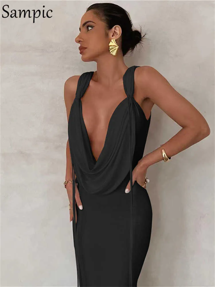 Casual Jurken Sampic Swingende Kraag Mouwloze Bodycon Maxi Jurk Vrouwen Zomer Sexy Backless Elegante Feestjurken Clubwear Wit R230223