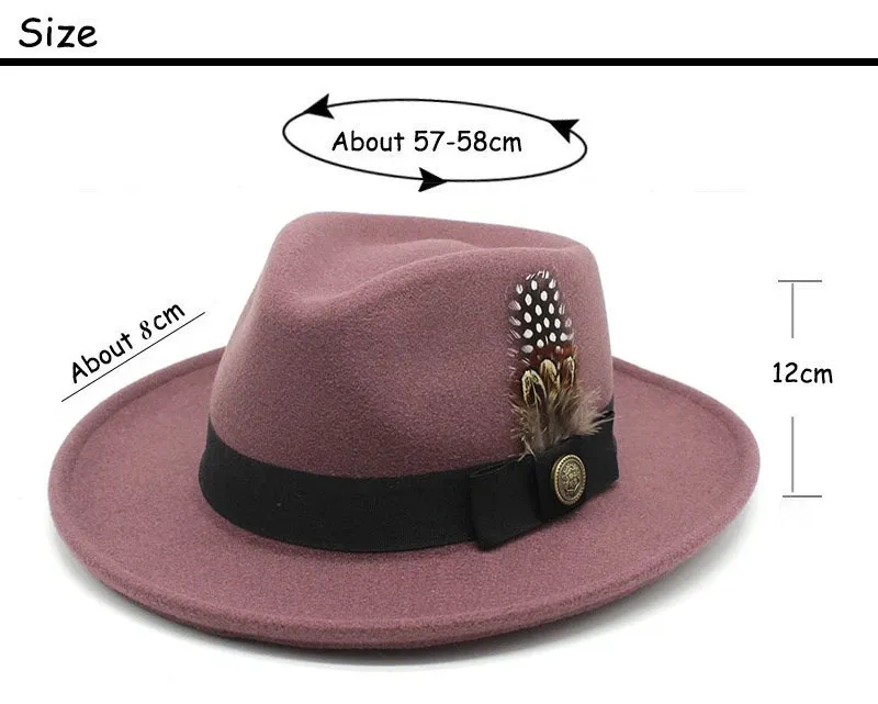 Womem 남자를위한 Wool Western Cowboy Hat Roll Up Brim Cowgirl Jazz Cap Feather Band Fedora Toca Sombero Cap