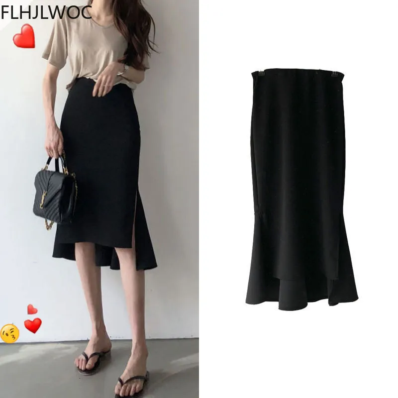 SKIRTS S Design Chic Korea Moda Mulheres Office Lady Lady Solid Black Iregular Cantura alta Túnica longa Flit Snit Salas de lápis 230301