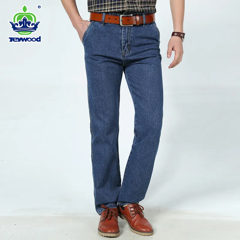 Men's Jeans High Quality Jeans Men Spring Autumn 98%Cotton Business Straight Denim Pants Dark Blue Black Trousers Male Plus Size 40 42 230301
