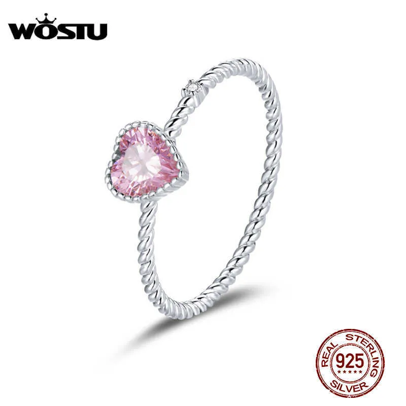 Cluster Rings WOSTU Original 925 Sterling Silver Dazzling CZ Ring Pink Heart Love Rings For Women Wedding Fingers Silver 925 Jewelry CTR157 G230228