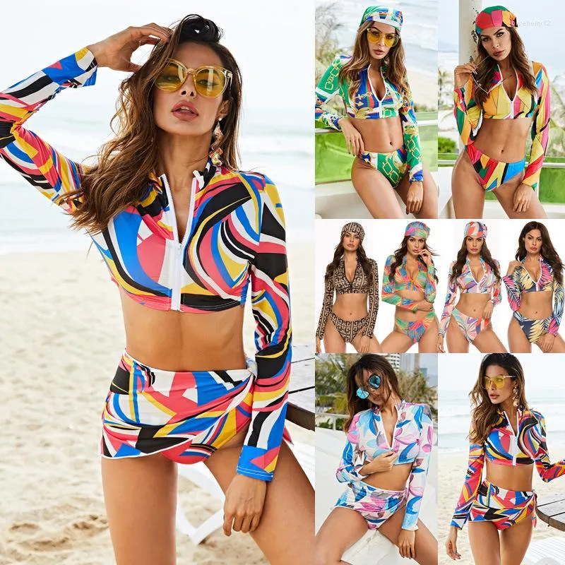 Maillots de bain pour femmes Été 2023 Trois pièces Ensembles à manches longues Imprimer Femmes Maillot de bain Taille haute Maillot de bain Plus Taille 5XL Push Up Bikini Set