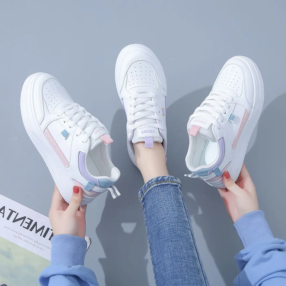 Fashion Hotsale Damskie buty płaskie tablice białe-różowe białe fioletowe sprężynowe buty Sneakers Color43