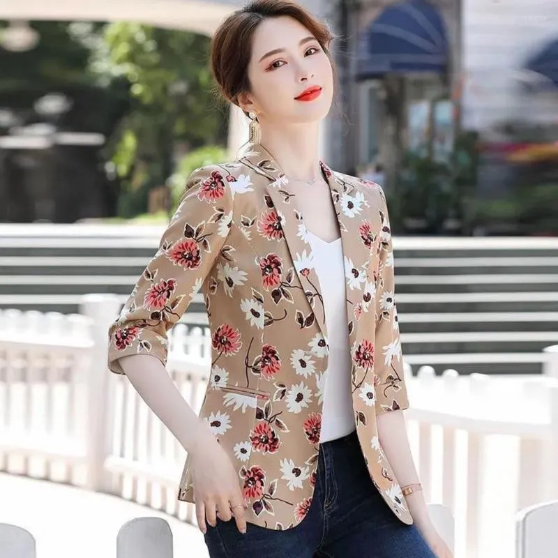 Women's Suits Women Blazer Flower Printing Lapel Three Quarter Sleeves Straight Single Button Warm Slim Business Autumn Coat