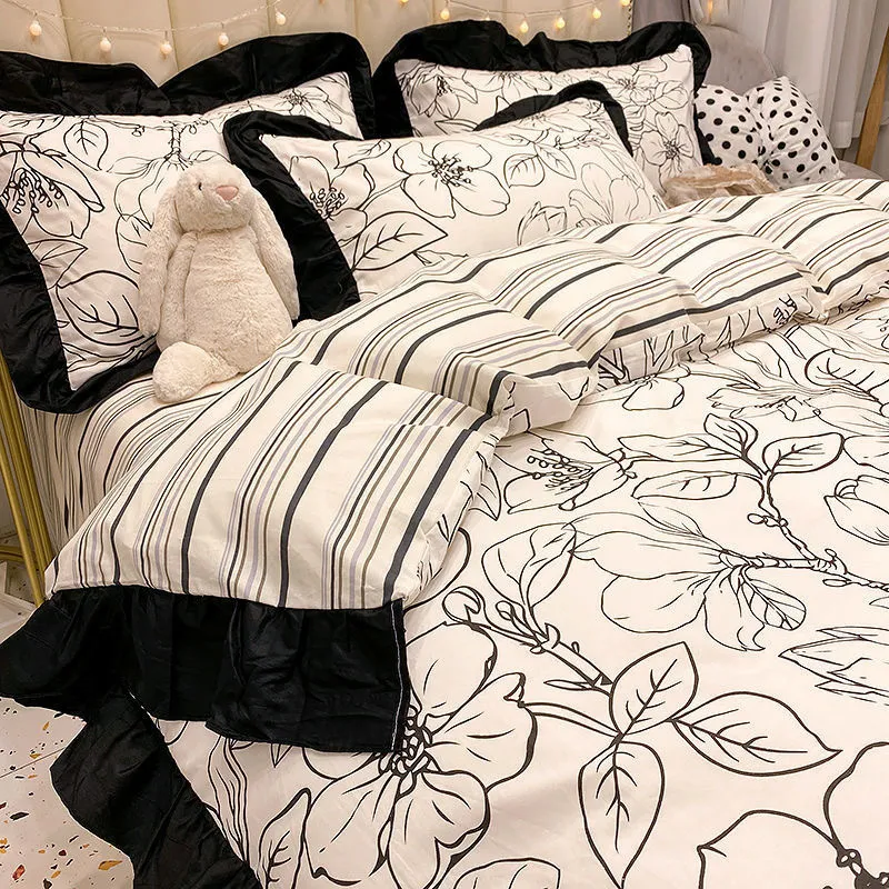 Ensembles de literie 100 coton haute qualité noir blanc fleur moderne quatre pièces ensemble feuille housse de couette oreiller IG mode 230228