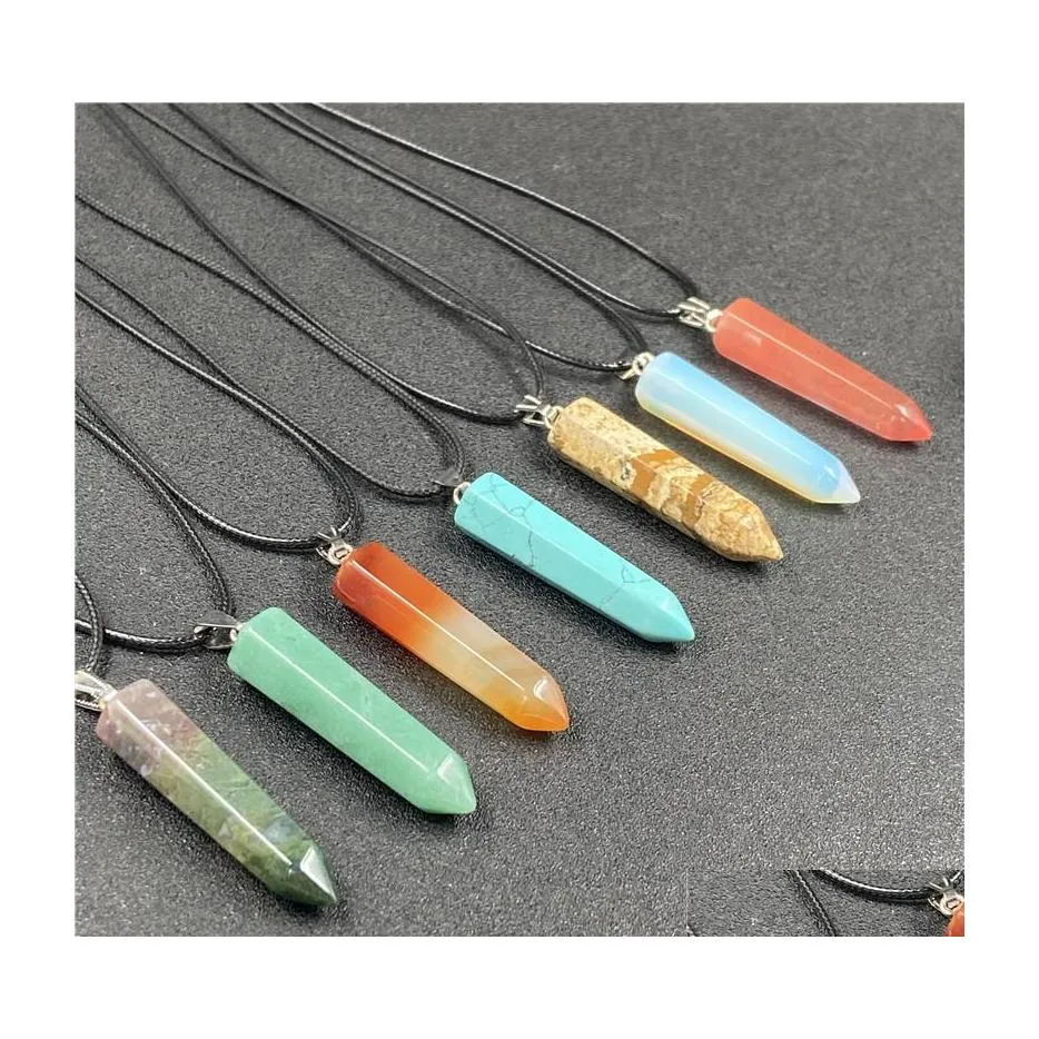 car dvr Pendant Necklaces Reiki Healing Stone Pendum Hexagon Point Energy Amethyst Tiger Eye Quartz Crystal Pillar Rope Chain Fashion Women Dhha5