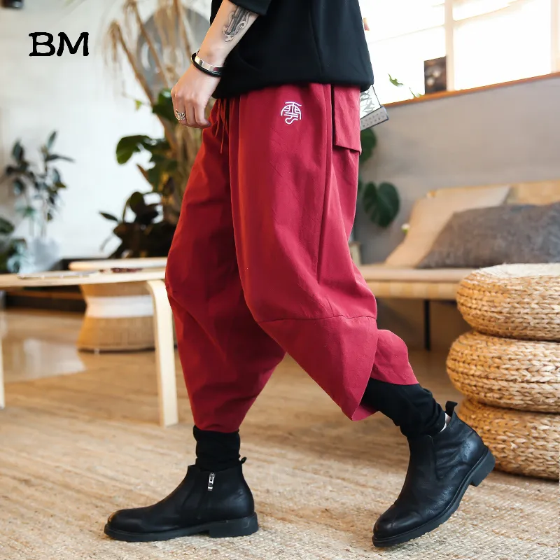 Pantaloni da donna capris in stile cinese in stile cinese ricamato pantaloni a doppio strato lino sciolto pantaloni a nove punti di grandi dimensioni uomini 5xl harajuku harem pantaloni 230301