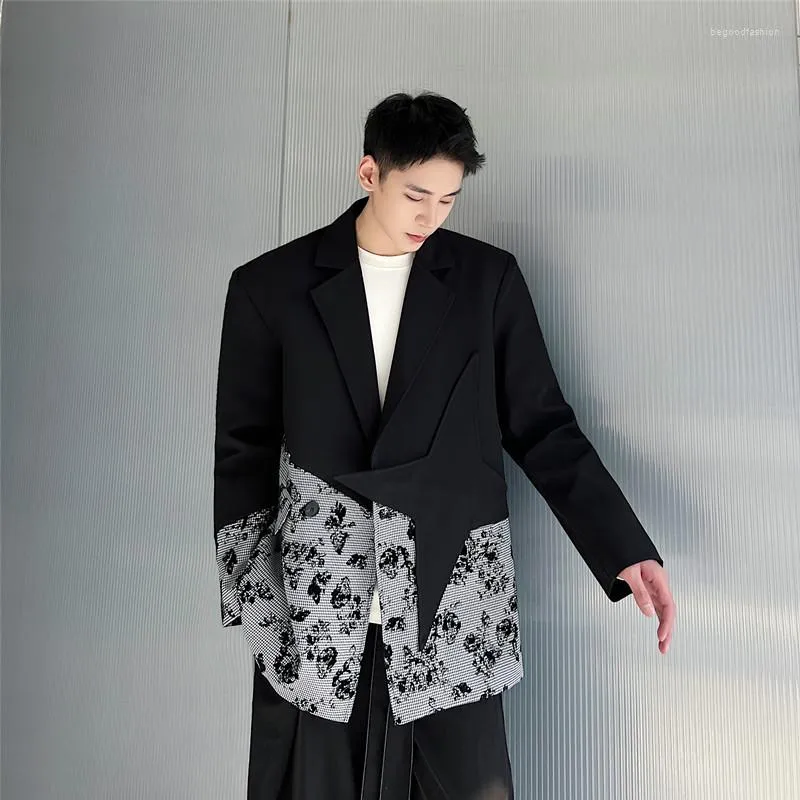 Мужские костюмы мужская уличная одежда для модного шоу свободно ка простого лоскутное пиджак пиджак мужчина японский корейский стиль пальто верхняя одежда сцены одежда