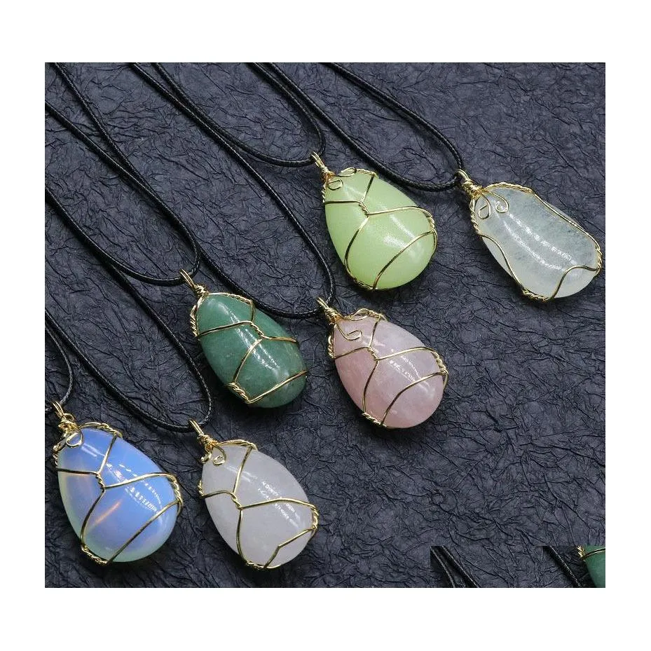 car dvr Pendant Necklaces Gold Copper Wire Wrap Natural Stone Oval Teardrop Reiki Healing Crystal Necklace Pink Quartz Chakras Pendo Jewelry Dhmcs