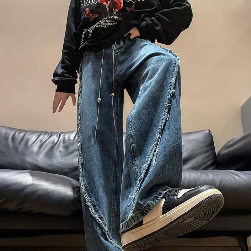 Men's Jeans Baggy Jeans Trousers Plus Size 8XLM Male Patchwork Burrs Denim Pants Men's Oversize Streetwear Hip Hop Drawstring Jeans Z0301