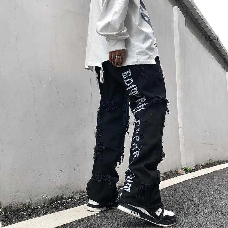 Jeans pour hommes HOUZHOU Jeans pour hommes pour hommes Pantalon en denim Hip Hop Noir Goth Denim Pantalon Harajuku Ripped Straight Leg Broderie Streetwear Z0301