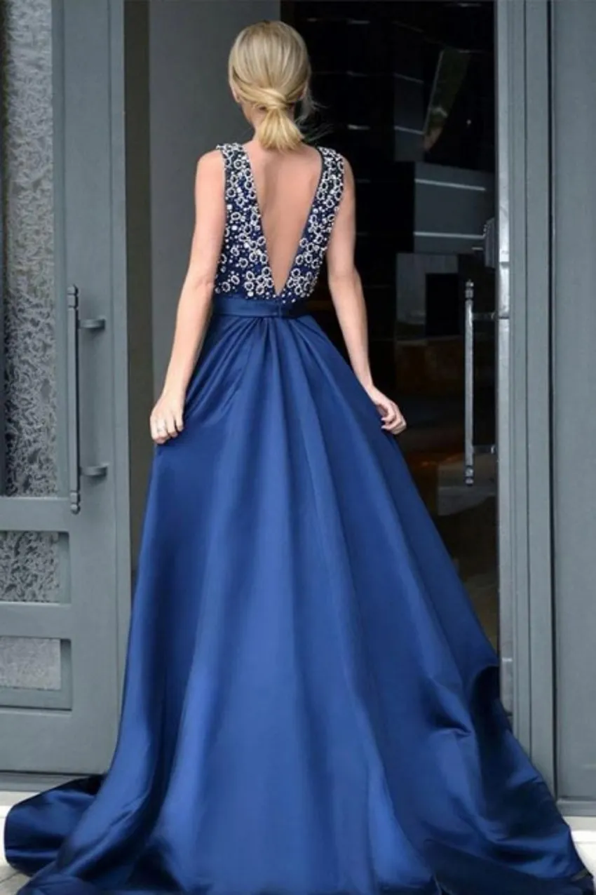 Royal Blue Evening Dresses Sexy Plunging Neck Low V Cut Backless Sequins Prom Dresses Women Party Occasion Gowns Vestidos BC15320