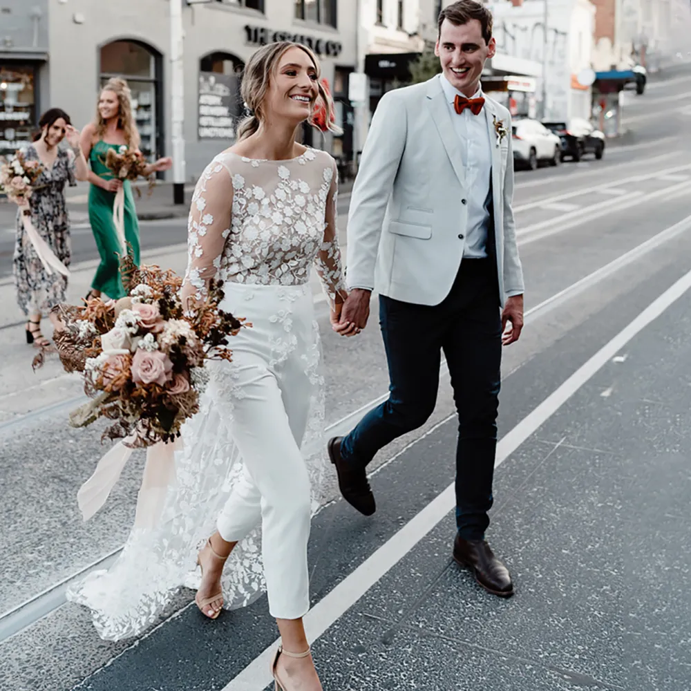 Boho Lace Jumpsuit Boho Lace Wedding Dress 2023 Chic Long Sleeve Satin Bridal Gown With Romantic Backless Design And Elegant Hippies Style Perfect For The Modern Bride From Bridalstore 109.27 DHgate.C...