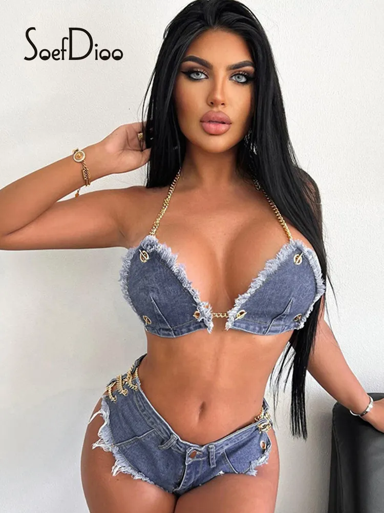 Women's Two Piece Pants Soefdioo Blue Denim Chain Patchwork Halter Bikini Tops and Shorts Set Women Clothing Summer Sexy Club Outfits 230228