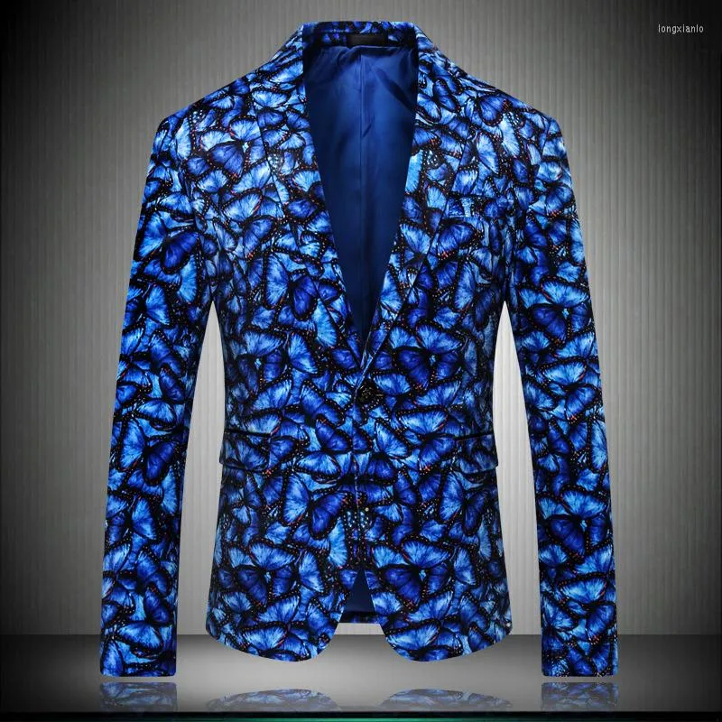 Men's Suits HOO 2023 Men's Casual Fashion Slim Fit Butterfly Print Blazer Studio Wedding Host Blue