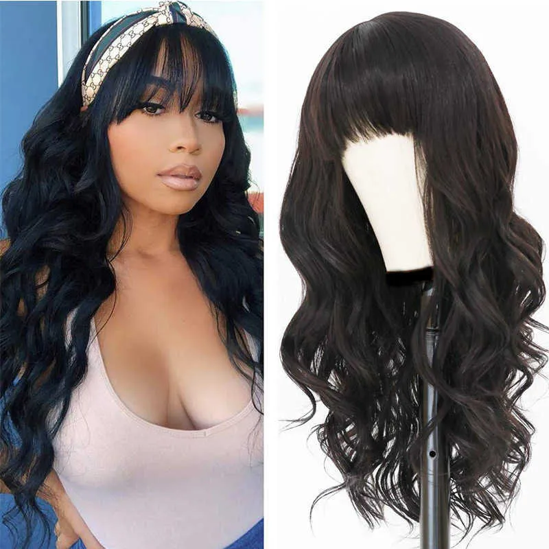 Mode Wig Women's Long Curly Hair Black Qi Liu Hai Big Wave Chemical Fiber Wig Head Cover Pruiken 230301
