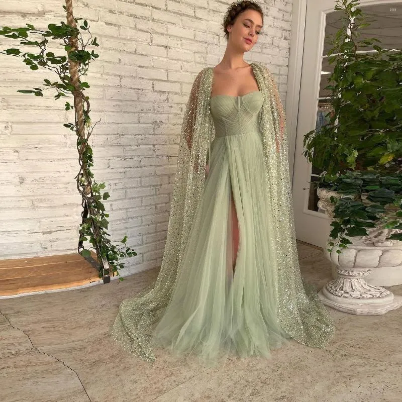 Robes de fête assez douces deux pièces de bal paillettes sans bretelles enveloppe en tulle longs en ligne haute division haute les robes de soirée