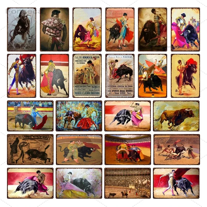 Heroic Bullfighting Dance art painting Retro Spanish bullfighting Tin Sign Metal Wall Decoration Metal Poster Plaque Living Room Home Decoration Size 30X20CM w02