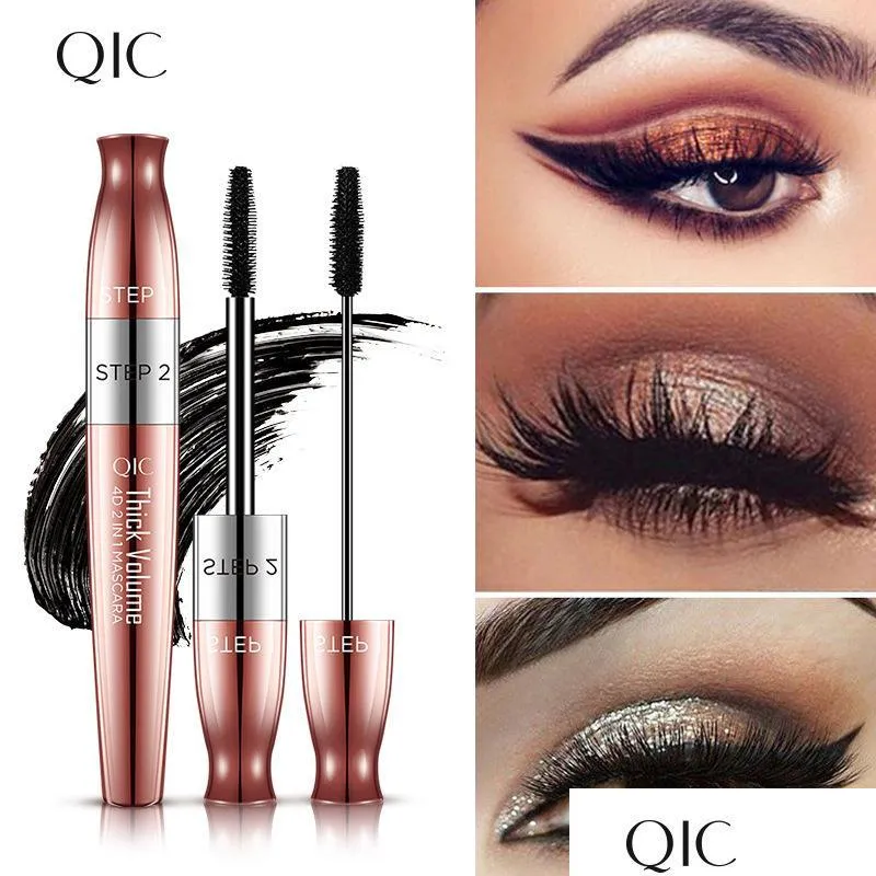 Mascara qic 4d svart fiber tjock volym cring förlängande rosplätering non smut