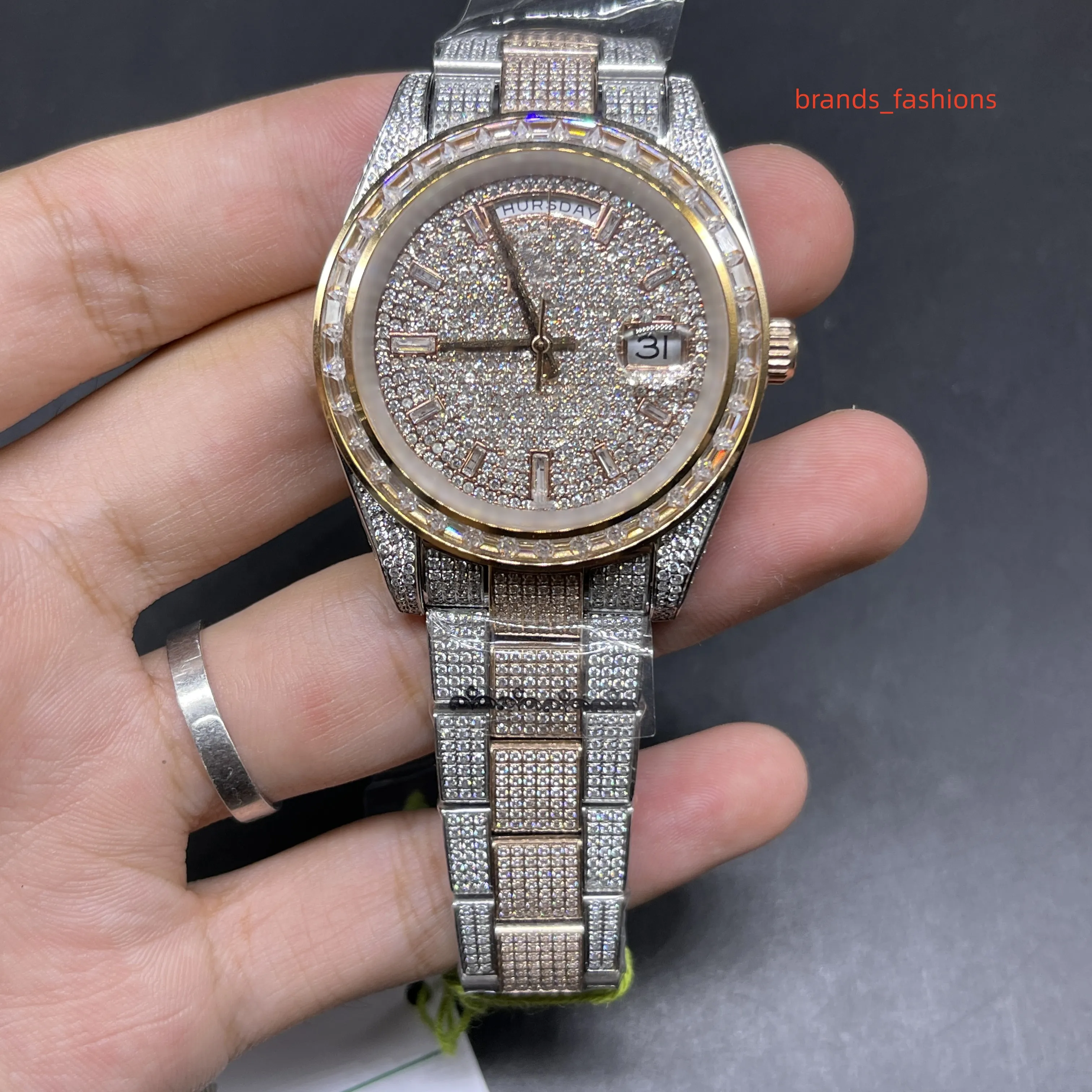 Men's Fashion Boutique Watch Bi-Rose Gold Diamond Stainless Steel Strap Iced Out Diamonds Hip Hop Rap Trend Watch Wristwatches