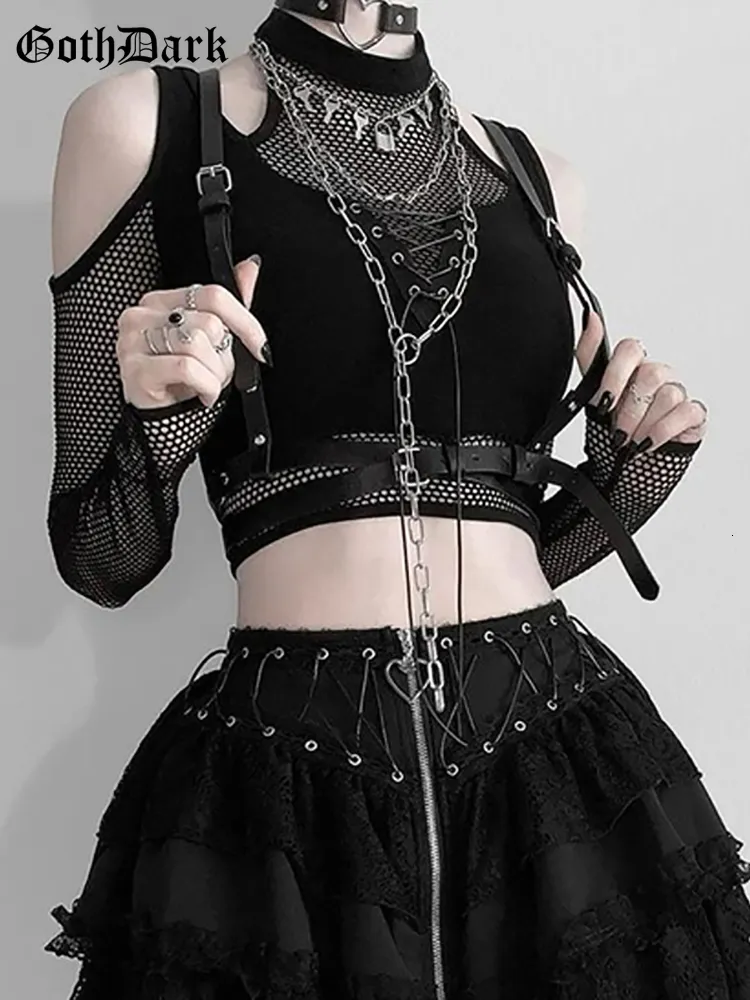 Goth escuro fishnet cortar mulheres sexy halter tshirts shopping gótico grunge preto bandagem colheita topos punk ombro aberto alt roupas 230301
