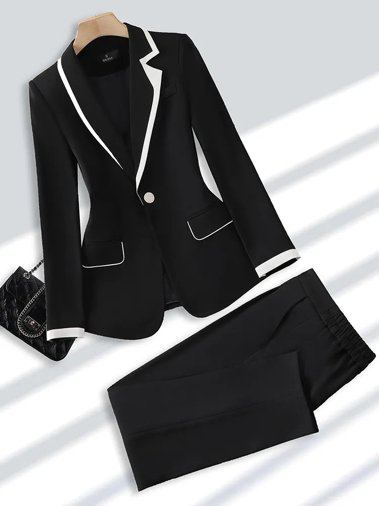 Feminino feminino Blazers preto cáqui de 2 peças conjunto de mulheres terno de calça de calça feminina de escritório trabalho de escritório use blazer e calça 230228