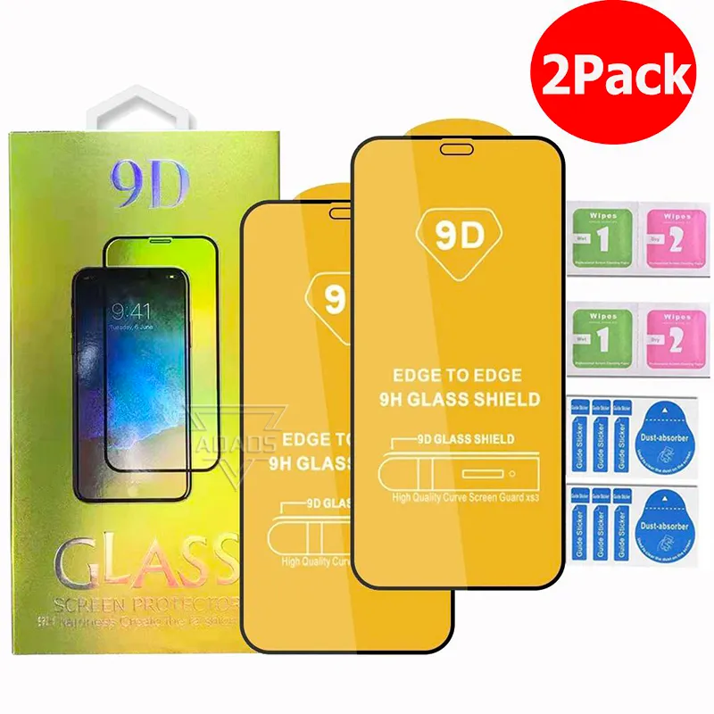 Protetor de tela de telefone de vidro temperado 9D 2 unidades em 1 pacote para iPhone15 14plus 13 12 11 Pro Max XR X XS Samsung A71 A51 5G A01 A11 A21 A31 A41