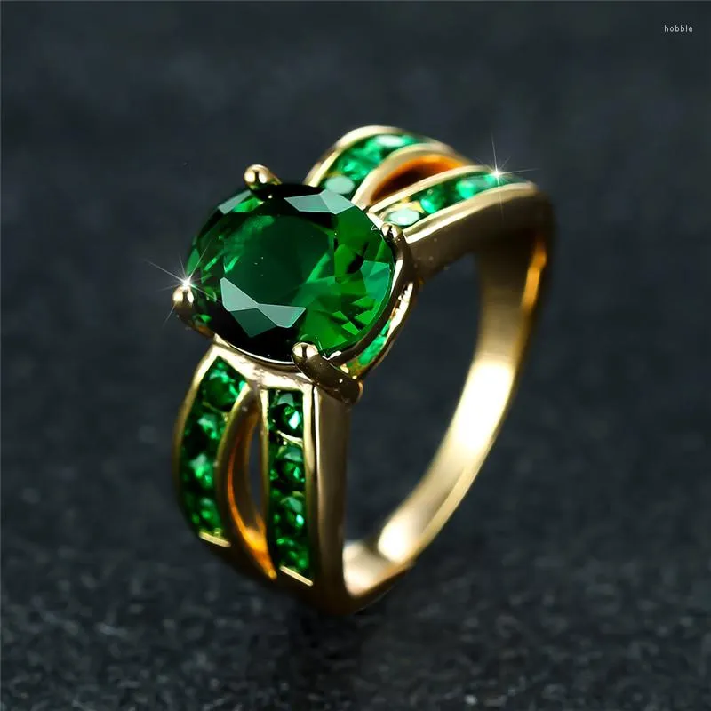 Anillos de boda de lujo para mujer, anillo hueco ovalado de cristal, amuleto de compromiso de Color dorado, piedra de circón verde delicada para mujer