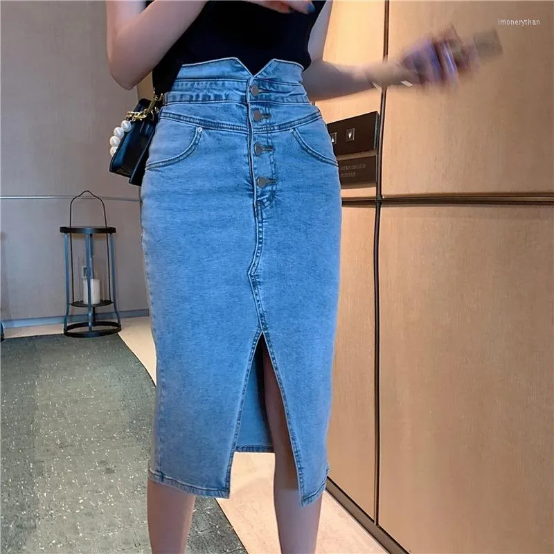 Rokken 2023 Koreaanse stijl elastische heupzak denim slank split hoge taille mode knop long jeans kirts sexy streetwear