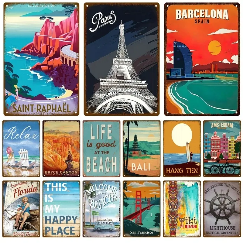 Strand Surf Blechschild Strandlandschaft Poster Plakette Sommer Metallschild Metallplatte Wanddekoration für Strandbar Haus Zuhause Dekoratives Eisengemälde Poster Größe 30X20CM w01