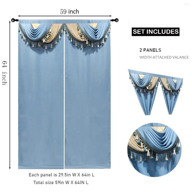 Curtain Modern Blue Creative Middle Split Blackout Curtains Set With Tassle Valance For Living Room Bedroom Ready Made Blinds Drapes