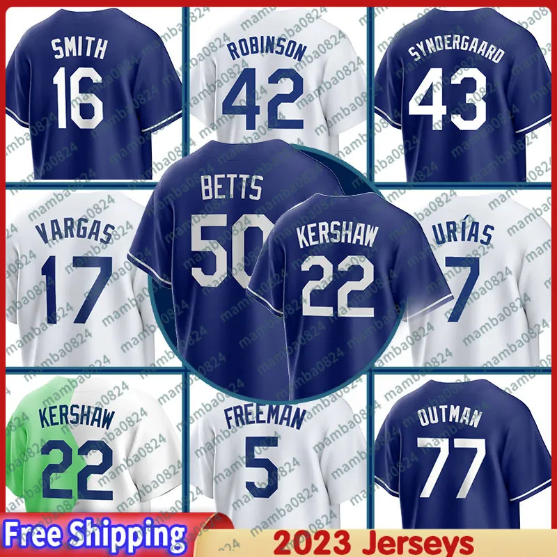 22 Clayton Kershaw 야구 유니폼 Jackie Robinson Mookie Betts Freddie Freeman Martinez Miguel Vargas Noah Syndergaard DodGerS Outman Julio Urias Jorbit Vivas