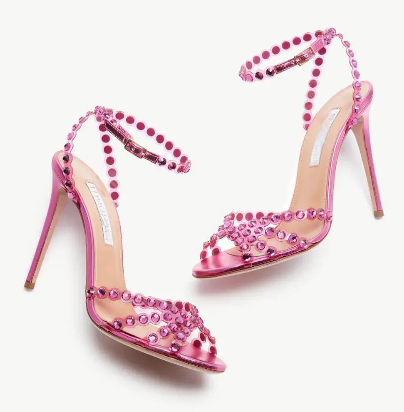 Aquzuras Diseñadores de PVC Sandalias para mujer Tequila Plexi Sandalia Tacones Crysta Hebilla Fiesta Vestido de novia Zapatos Tacón Sexy Correa trasera Suela de cuero Sandalia 35-44