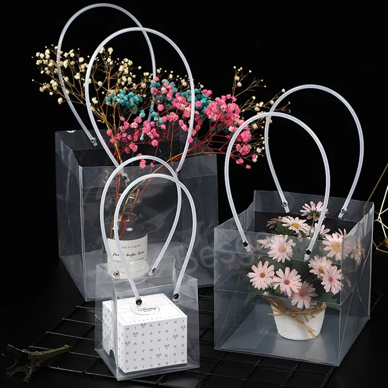 Duidelijke PVC -cadeauzakken met handgreep babydouche bruiloften geven de voorkeur aan transparante cadeau -wrap tas herbruikbare bloemboeket wikkelzak bh8367 tyj